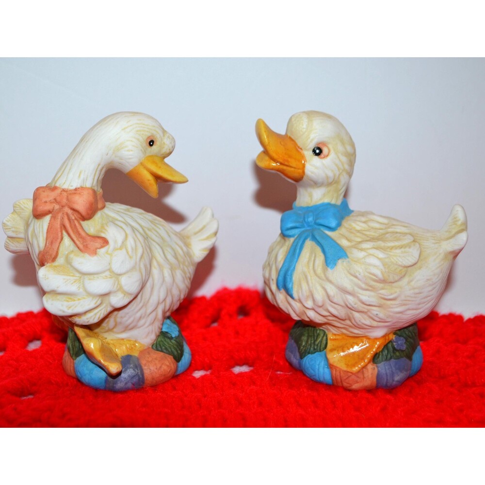 Vintage Table Decor Curiosity Cabinet Ducks Goose with Blue 1980s